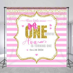 Lofaris Customized Name Pink Stripes 1st Birthday Backdrop