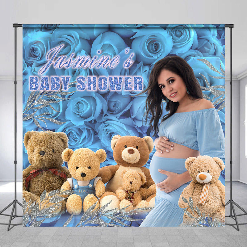 Lofaris Customized Photo Bear Blue Rose Baby Shower Backdrop