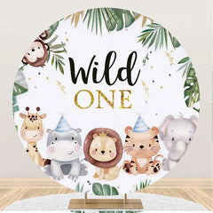 Lofaris Cute Animals Green Leaves Round 1st Birthday Backdrop