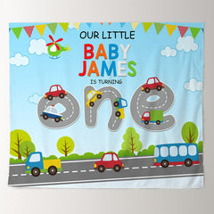 Lofaris Cute Cars Blue Sky Custom Boy 1st Birthday Backdrop