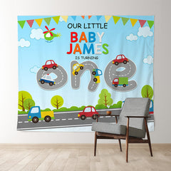 Lofaris Cute Cars Blue Sky Custom Boy 1st Birthday Backdrop