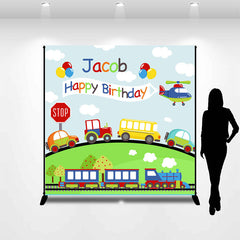 Lofaris Cute Cars Train Green Grass Custom Birthday Backdrop