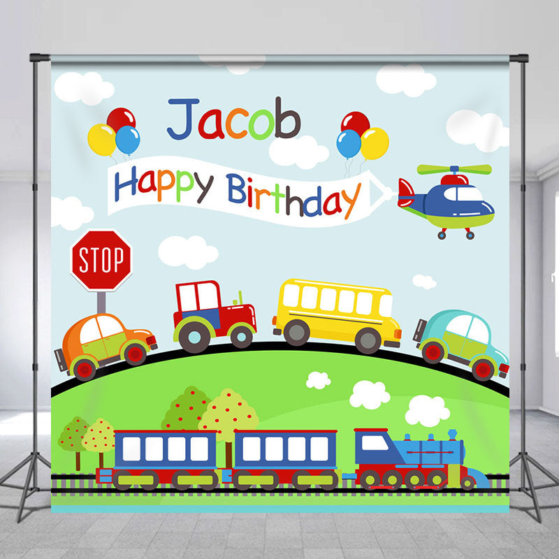 Lofaris Cute Cars Train Green Grass Custom Birthday Backdrop