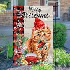 Lofaris Cute Cat Green Leaf Snow Merry Christmas Garden Flag