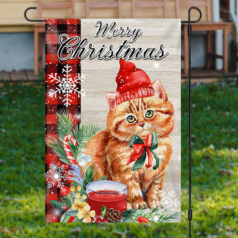 Lofaris Cute Cat Green Leaf Snow Merry Christmas Garden Flag