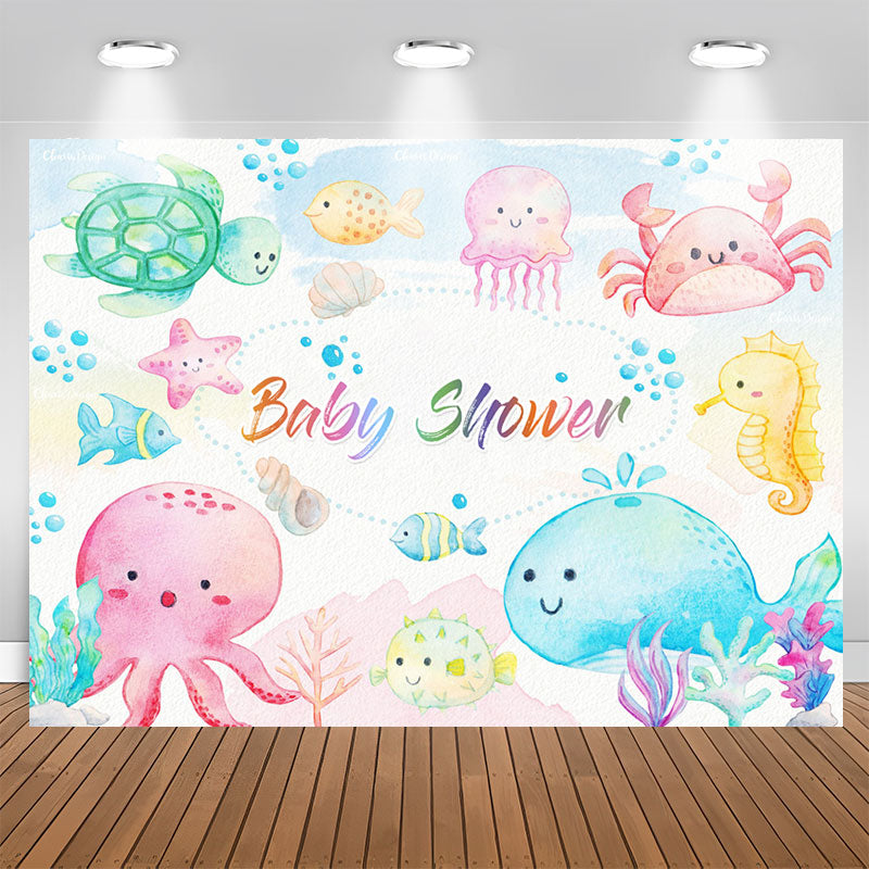 Cute Colorful Undersea Creatures Baby Shower Backdrop - Lofaris