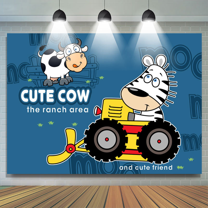 Lofaris Cute Cow Ranch Area Friend Bulldozer Birthday Backdrop