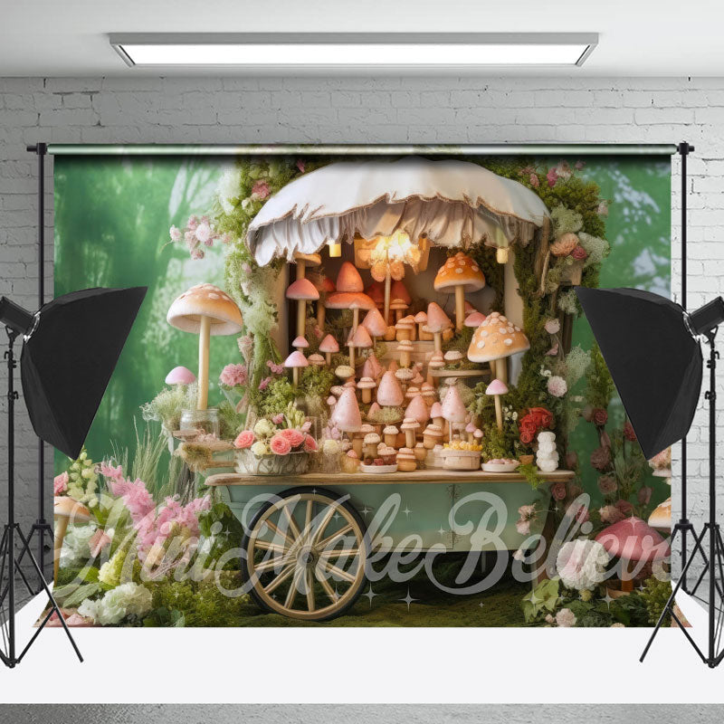 Lofaris Cute Floral Mushroom Green Cart Backdrop For Photo