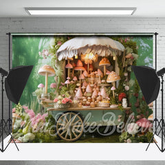 Lofaris Cute Floral Mushroom Green Cart Backdrop For Photo