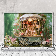 Lofaris Cute Floral Mushroom Green Cart Backdrop For Photo