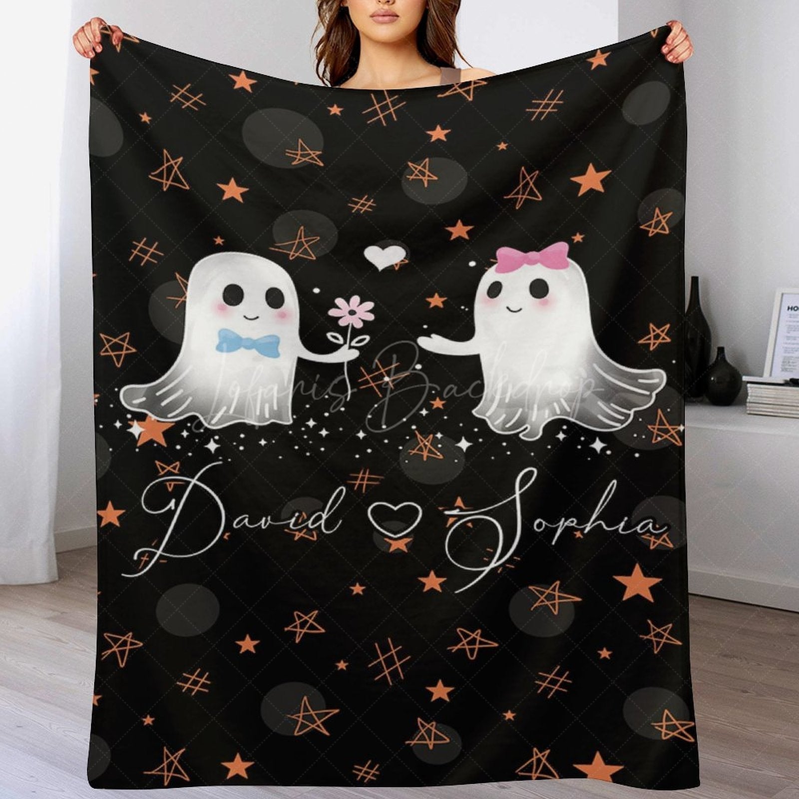 Lofaris Cute Ghost Stars Black Halloween Custom Name Blanket