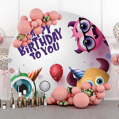 Lofaris Cute Monster Balloon White Round Birthday Backdrop