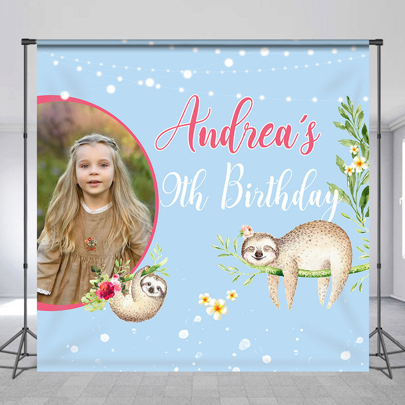 Lofaris Cute Sloth Blue Custom Photo 6th Birthday Backdrop