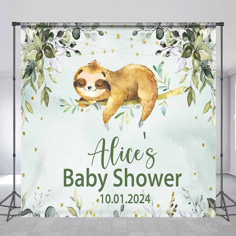 Lofaris Cute Sloth Leaves Greenery Custom Baby Shower Backdrop