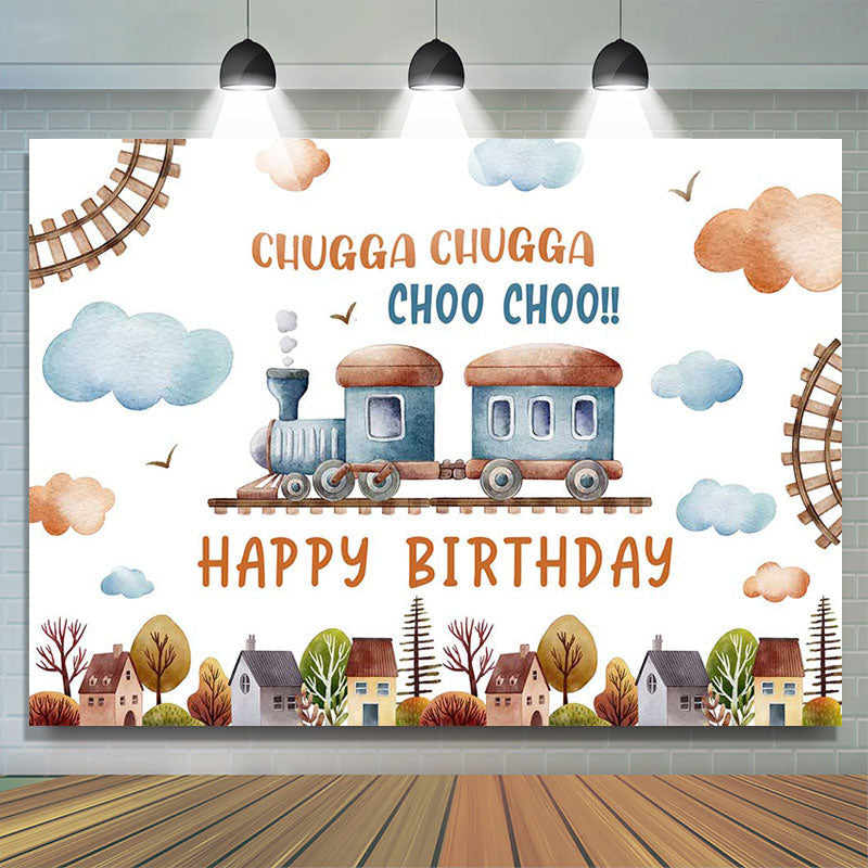 Lofaris Cute Train House Clouds Trees Birthday Backdrop