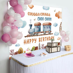 Lofaris Cute Train House Clouds Trees Birthday Backdrop