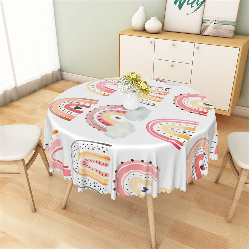 Lofaris Cute White Pink Arch Rainbow Boho Round Tablecloth