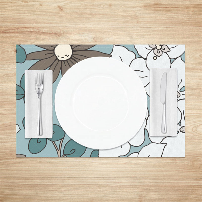 Lofaris Cyan Brown White Flowers Modern Set Of 4 Placemats