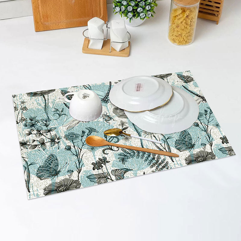 Lofaris Cyan Floral Leaf Butterfly Retro Set Of 4 Placemats