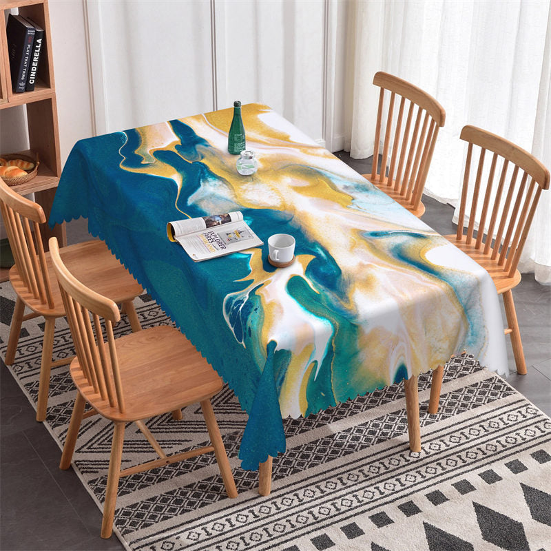 Lofaris Cyan Watercolor Marble Pattern Rectangle Tablecloth