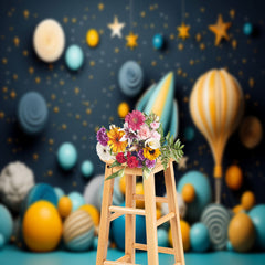 Lofaris Dark Blue Rocket Balloons Stars Birthday Backdrop