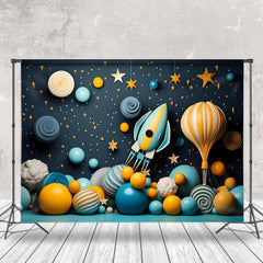 Lofaris Dark Blue Rocket Balloons Stars Birthday Backdrop