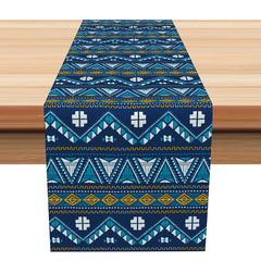 Lofaris Dark Blue White Ethnic Pattern Fabric Table Runner