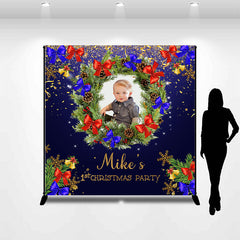 Lofaris Dark Blue Wreath Custom Photo 1st Christmas Backdrop