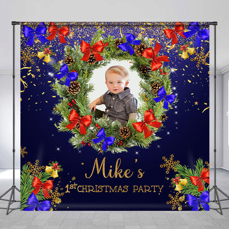 Lofaris Dark Blue Wreath Custom Photo 1st Christmas Backdrop