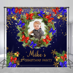 Lofaris Dark Blue Wreath Custom Photo 1st Christmas Backdrop