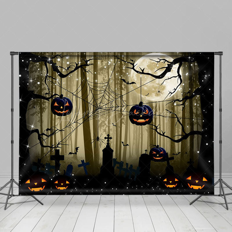 Lofaris Dark Forest Spider Web Pumpkin Happy Halloween Backdrop