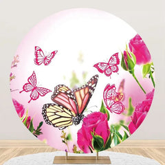 Lofaris Dark Pink Floral Butterfly Round Birthday Backdrop