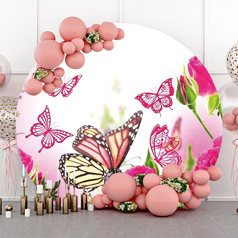 Lofaris Dark Pink Floral Butterfly Round Birthday Backdrop