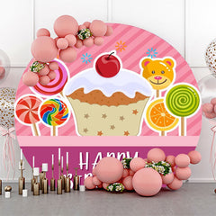 Lofaris Dark Pink Stripe Candy Cake Round Birthday Backdrop