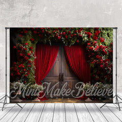 Lofaris Dark Red Curtain Roses Wood Door Floral Backdrop