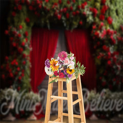 Lofaris Dark Red Curtain Roses Wood Door Floral Backdrop