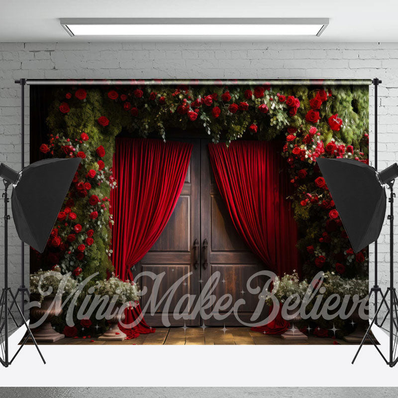 Lofaris Dark Red Curtain Roses Wood Door Floral Backdrop