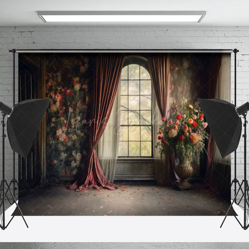 Lofaris Dark Retro Room Floral Curtain Window Photo Backdrop