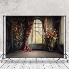 Lofaris Dark Retro Room Floral Curtain Window Photo Backdrop