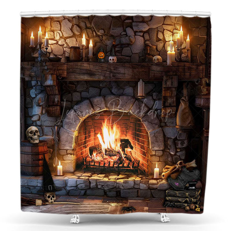 Lofaris Dark Stone Fireplace Candle Halloween Shower Curtain