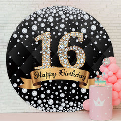 Lofaris Diamond Black Gold Happy 16th Birthday Round Backdrop