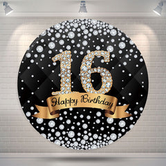 Lofaris Diamond Black Gold Happy 16th Birthday Round Backdrop