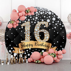 Lofaris Diamond Black Gold Happy 16th Birthday Round Backdrop