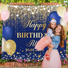 Lofaris Diamond Glitter Blue Custom Name Birthday Backdrop