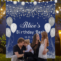 Lofaris Diamond Silver Glitter Blue Custom Birthday Backdrop