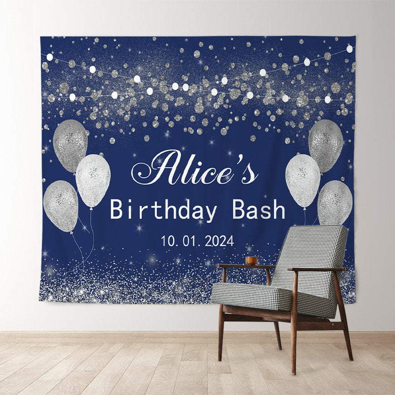 Lofaris Diamond Silver Glitter Blue Custom Birthday Backdrop