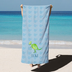 Lofaris Dinosaur Blue Custom Name Beach Towel as Gifts