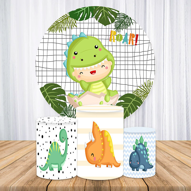 Lofaris Dinosaur Green Leaf Round Birthday Backdrop Kit