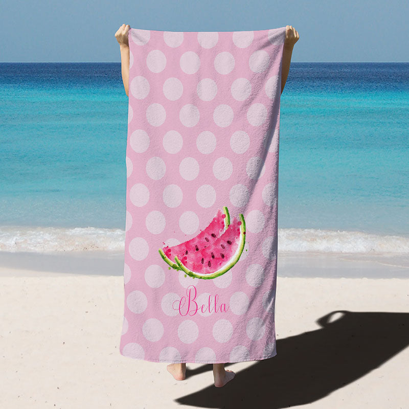 Lofaris Dots Pink Watermelon Custom Name Girl Beach Towel