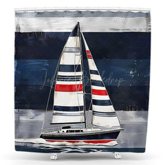 Lofaris Drawing Sea Sailboat Vintage Stripe Shower Curtain